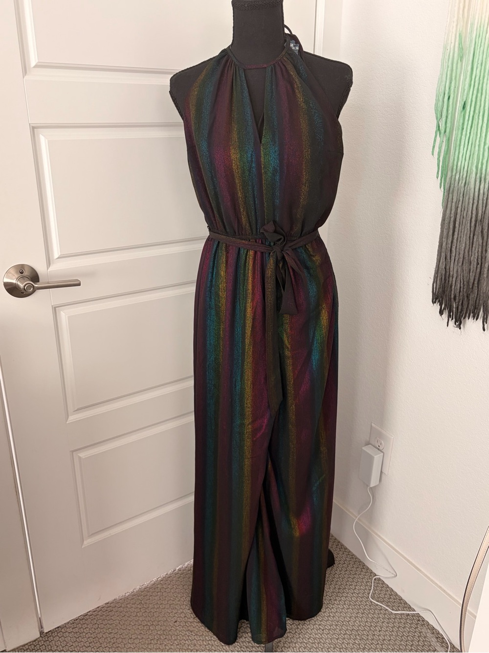 ModCloth Black Halter Maxi Jumpsuit with Rainbow Stripes